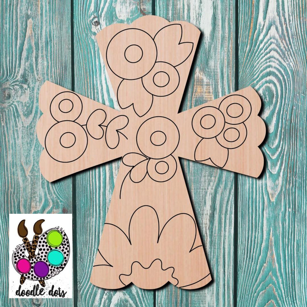 Doodle Dots Floral Cross Wooden Cutout