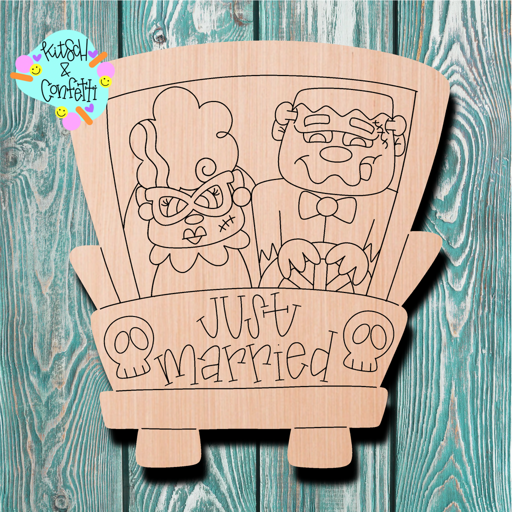 Kitsch & Confetti Halloween Frankenstein & Bride Just Married Truck Wooden Cutout